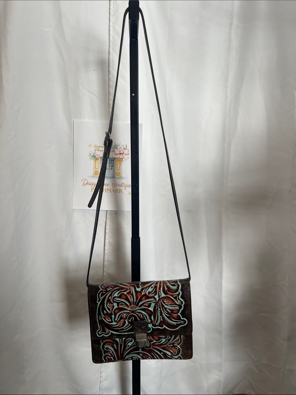 Patricia Nash Brown Tooled Leather Crossbody with Turquoise Accents